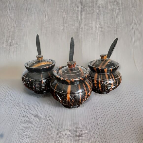 Vintage Lot of 3 Asian Wood Carved Painted Stained Rice Bowls with Spoons Lid - Picture 1 of 14